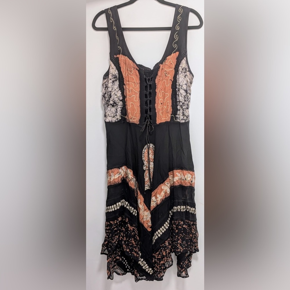 90s Bohemian Black and Orange Dress